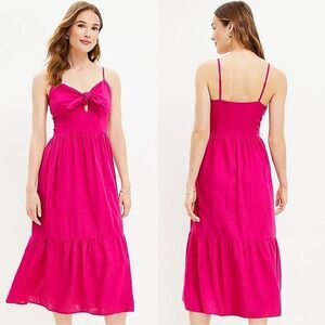 LOFT Dress Womens Size 14 Tie Front Strappy Midi Linen Blend Boho Tiered Glam